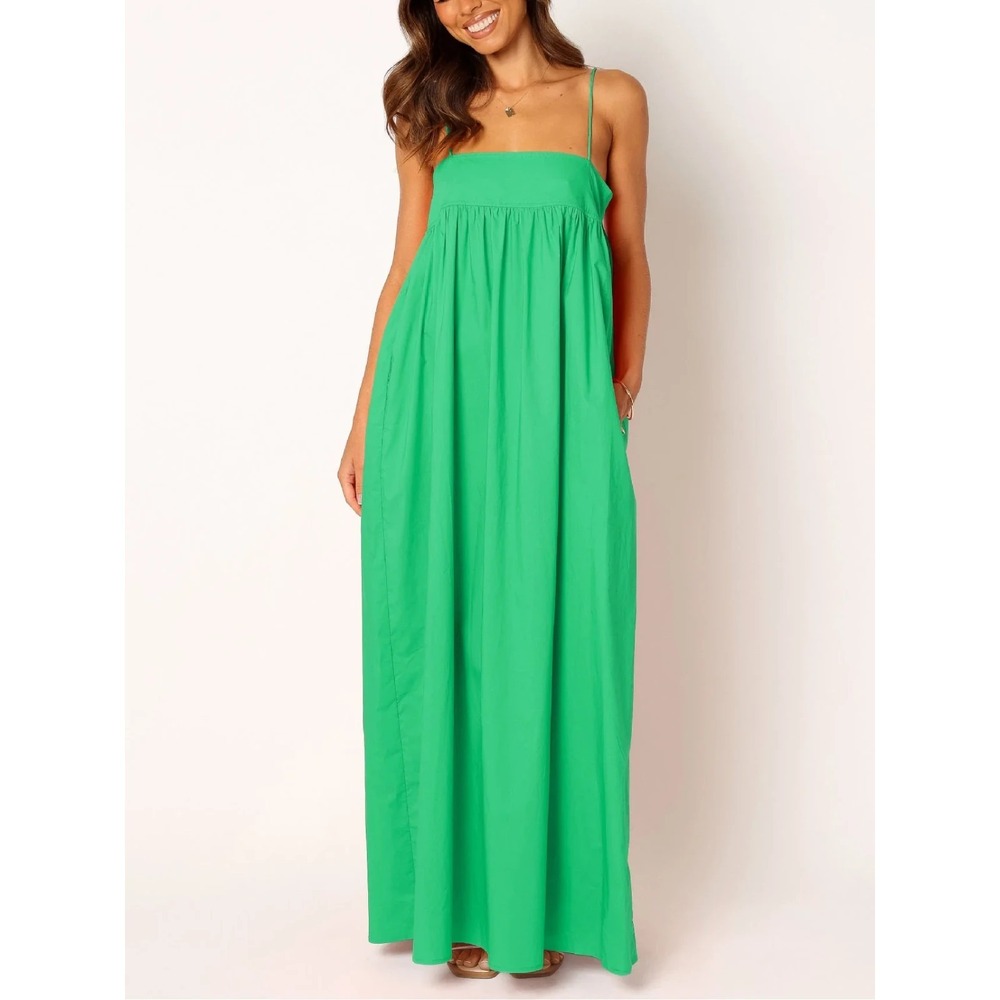 SNDYS Womens Babydoll Maxi Dress Tie Back Squareneck Sleeveless Cotton Green XL